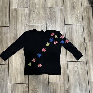 Karen Arnold Womens Top Size L Long Sleeve Black Embroidered Silk Blend Floral